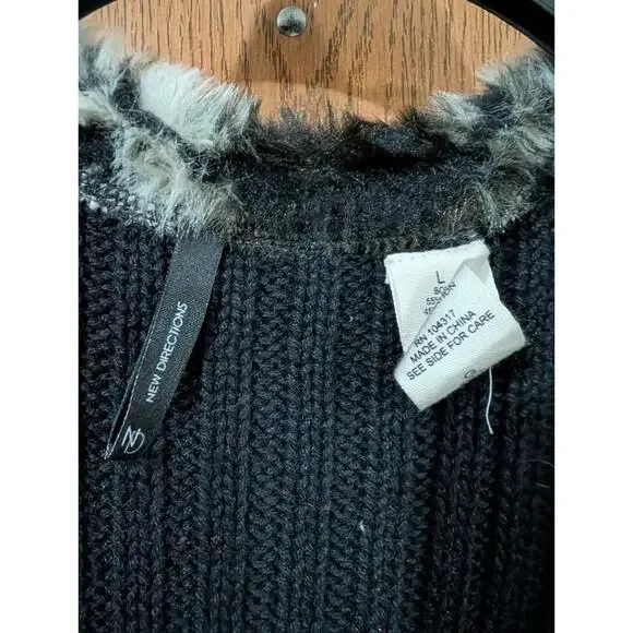 New Directions Black Cable Knit w/ Faux Fur Trim - Large *NWT $46* - Picture 4 of 9